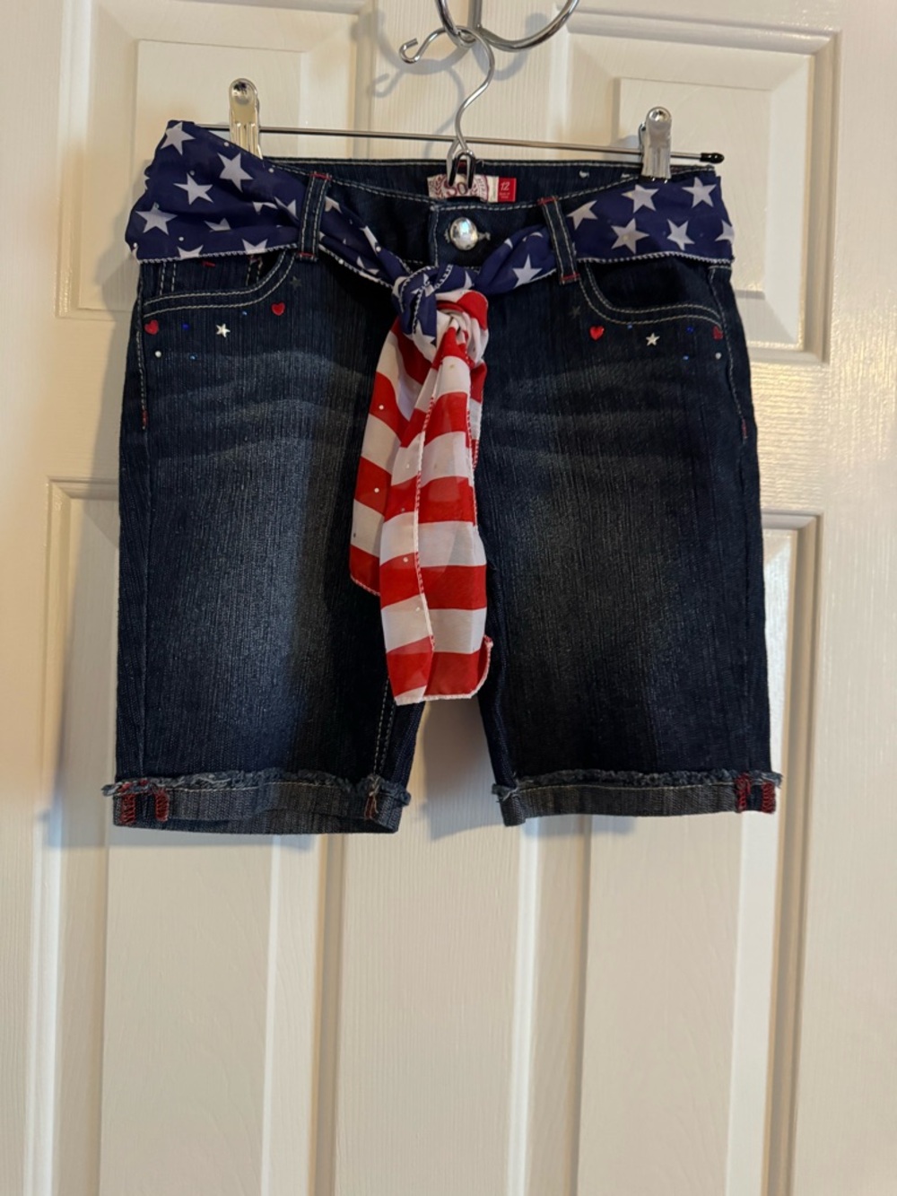 SO Girls' Dark Denim Shorts with Red, White & Blue Star Scarf
